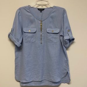 Ellen Tracy Blue Short Sleeve Linen Tunic with zipper accent size M